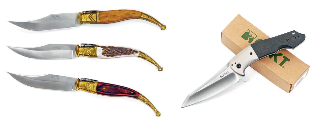 Слева: ножи испанской фирмы Joker представляют собой верные реплики традиционных средневековых испанских навах (исп. navaja — складной нож). Похоже, что испанцы, сами того не подозревая, изготавливали клинки типа Bowie задолго до рождения Джима Буи Справа: иногда полёт фантазии проектировщика приводит вроде бы «варнклиффоватые» клинки в область ножей, предназначенных (опять же — вроде бы) для серьёзного использования, доказывая тем самым, что перевес формы над содержанием становится все более обыденным явлением в нашей жизни. На снимке Eraser американской фирмы CRKT, который продержался в модельном ряду фирмы не дольше, чем год-два или что-то около того. Как правило такие ножи не долго задерживаются в производстве именно по причине их практической бессмысленности — купят пару тысяч любителей экзотики во всём мире и конец продаж, а следовательно, и производства