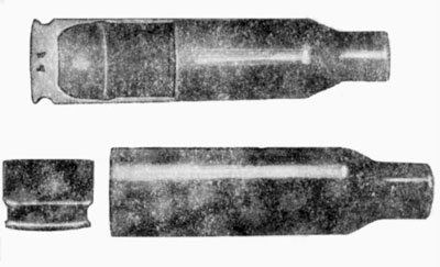 Разрез гильзы 14,5-мм патрона, выстреленного из ПТРС, имеющей следы растяжения, возникшего из-за деформаций узла запирания
